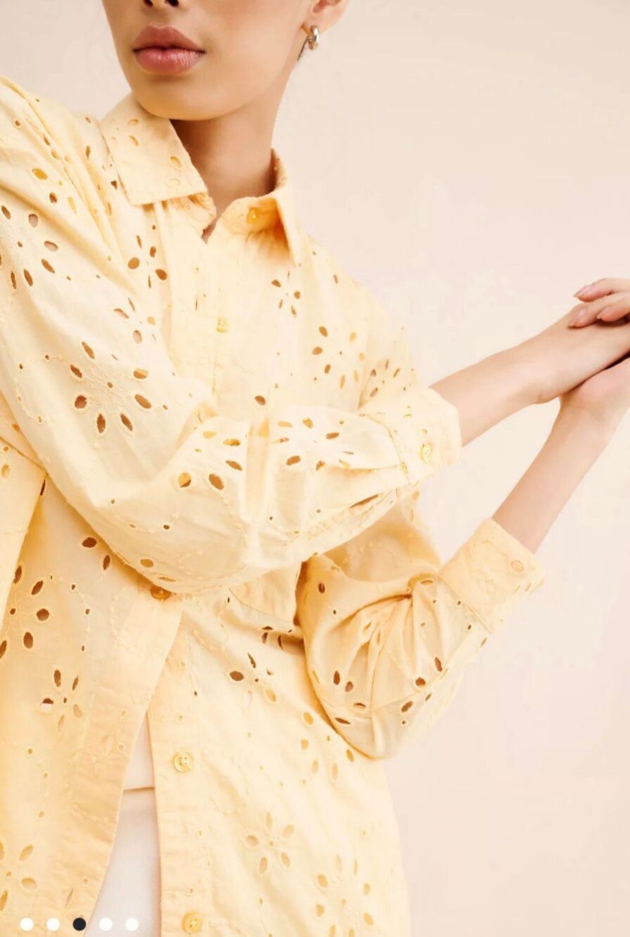 Anthropologie Yellow Eyelet Buttondown Top Sz Medium - Picture 6 of 12